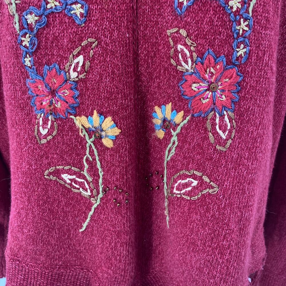 Vintage 90s Embroidered Floral Sweater Turtleneck Cotton Ramie Fringe Hem Large - Picture 4 of 8